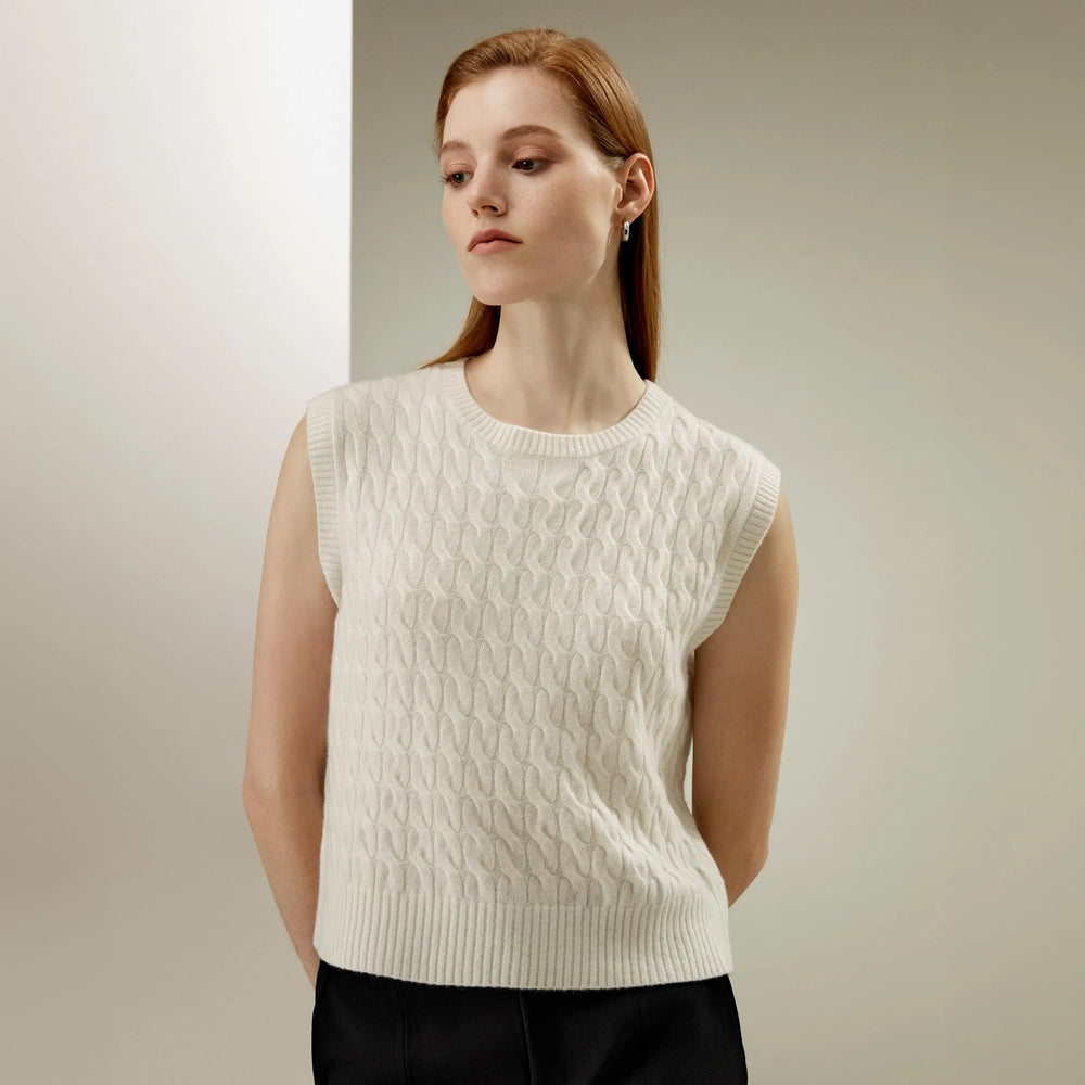 Top Sans Manches en Pur Cachemire – Torsades Sculptées & Élégance Intemporelle