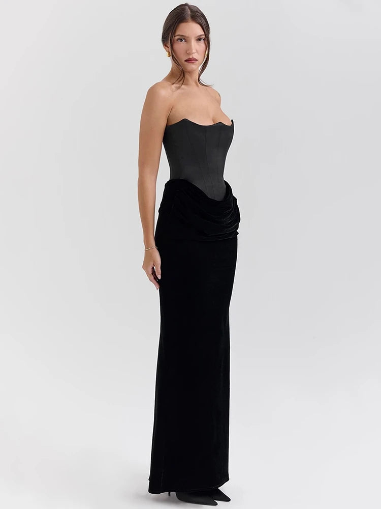 Robe Longue Corset en Velours – Décolleté Épaules Nues & Élégance Sculptée
