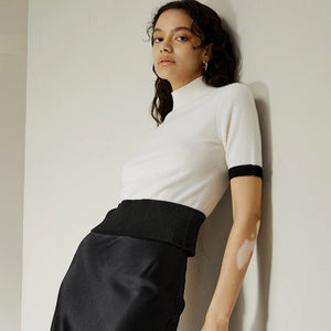 Pull Court Femme en 100% Cachemire – Col Montant et Manches Courtes Élégantes