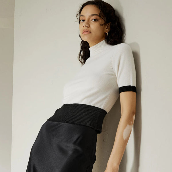 Pull Court Femme en 100% Cachemire – Col Montant et Manches Courtes Élégantes