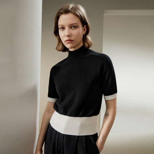 Pull Court Femme en 100% Cachemire – Col Montant et Manches Courtes Élégantes