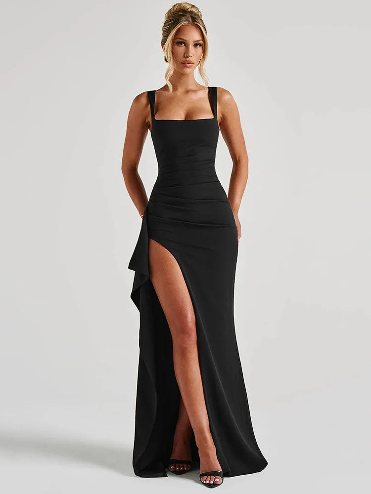 Robe Longue Noire Sexy Sans Manches – Fente Haute & Dos Nu