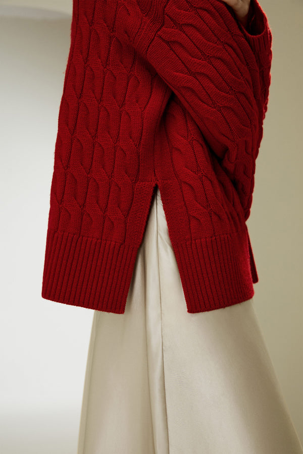 Pull Femme Rouge en Laine Mérinos Extra-Fine – Maille Torsadée Élégante