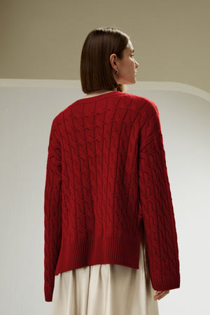Pull Femme Rouge en Laine Mérinos Extra-Fine – Maille Torsadée Élégante