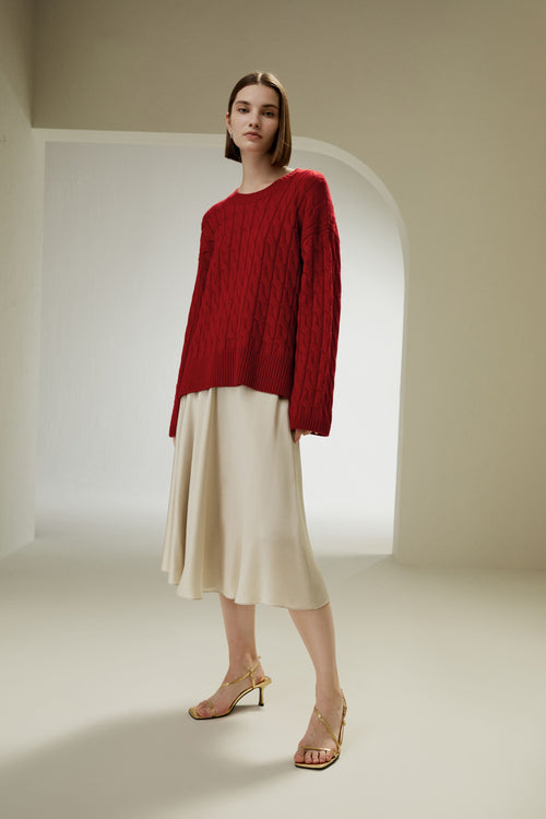 Pull Femme Rouge en Laine Mérinos Extra-Fine – Maille Torsadée Élégante