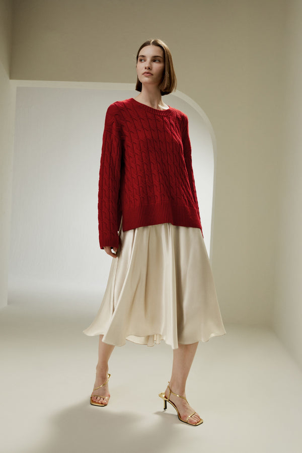 Pull Femme Rouge en Laine Mérinos Extra-Fine – Maille Torsadée Élégante