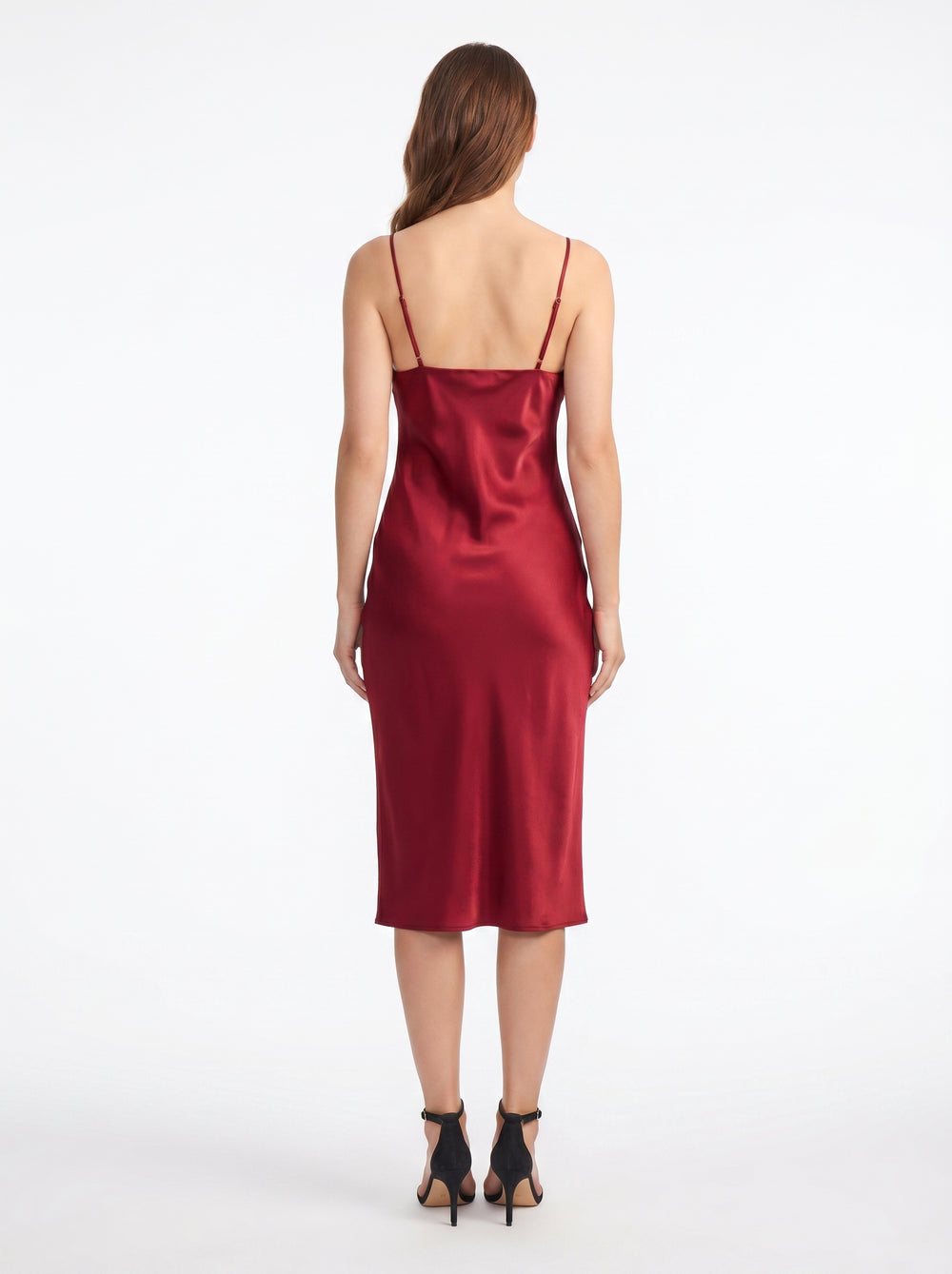 Robe midi en soie rouge à col bénitier – Elena